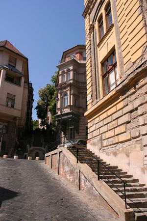 Budapest - old town view. Narrow street and stairs.の写真素材