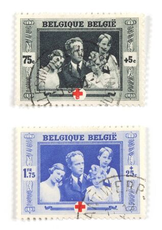 Collectible stamps from Belgium. Set with royal  issued on 75th anniversary od Red Cross.の写真素材