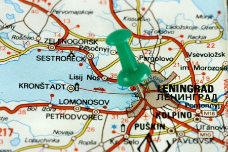 Leningrad (former name of Sankt Petersbrurg) in Soviet Union (currently Russia), Europe. Push pin on an old map showing travel destination.の写真素材