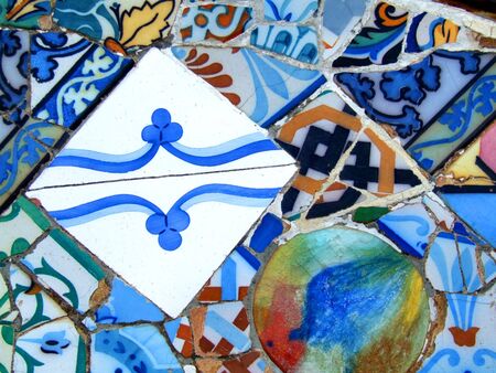 Interesting mosaic detail in Barcelona, Spain, Europe. Beautiful, decorative and colorful tiles.
