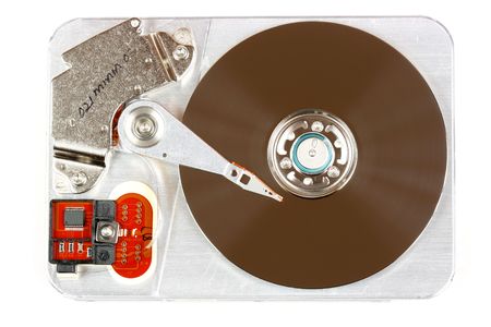 Open hard disk drive - data storage device, isolated on white.