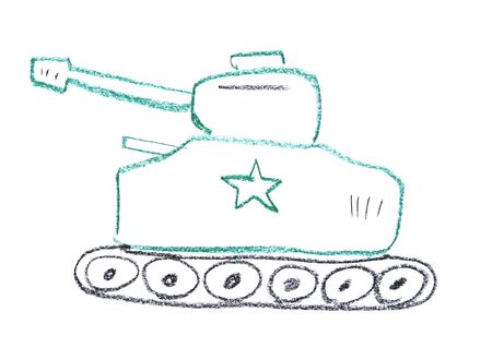 Child drawing of a tank made with wax crayonsの写真素材