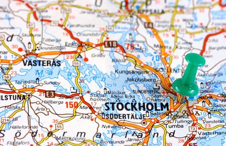 Stockholm in Sweden, Europe. Push pin on an old map showing travel destination. Selective focus.