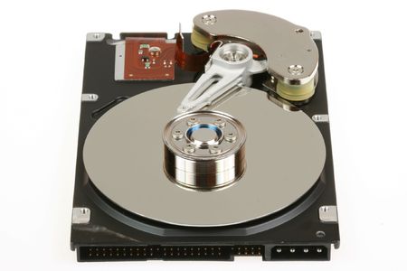Open hard disk drive - data storage device, isolated on white.