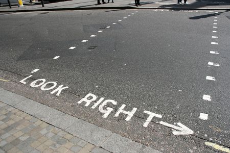 LOOK RIGHT message for the pedestrians in London, United Kingdomの写真素材