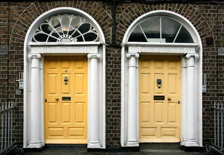 Georgian architecture of Dublin - twin doors in yellowの写真素材