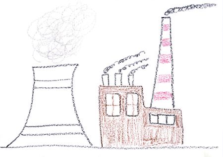 Child drawing of nuclear power plant made with wax crayonsの写真素材