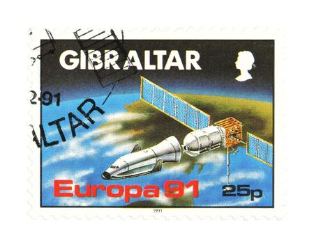 Collectible stamp from Gibraltar. One with a space station.
