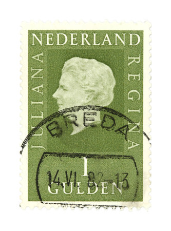 Collectible stamp from Netherlands. One with Queen Juliana stamped in Breda.のeditorial素材