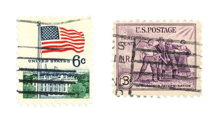 Collectible stamps from the United States. Set with US flag and American people.の写真素材