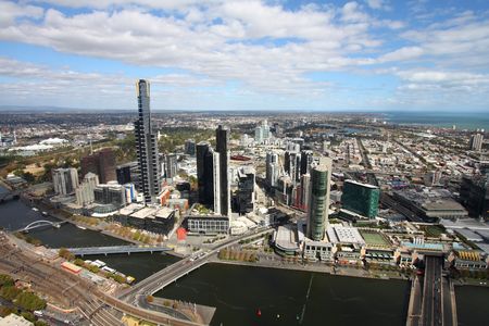 Beautiful cityscape of Melbourne and Yarra River. The prominent building is Eureka Tower, which is the world's tallest residential tower when measured to its highest floor.の写真素材