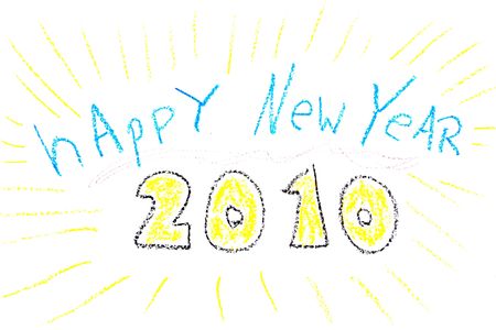 Child drawing of New Year wishes made with wax crayonsの写真素材