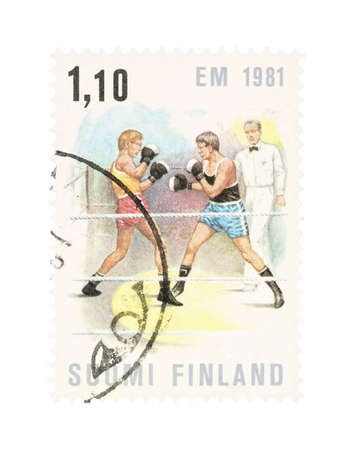 Collectible old stamp from Finland. Stamp with competitive boxing.の写真素材