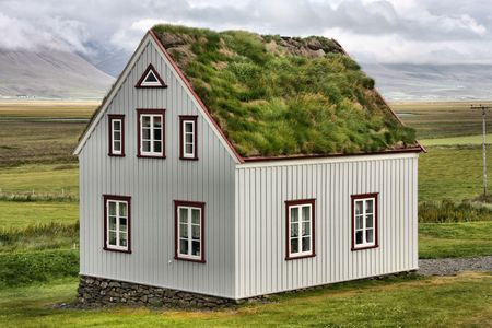 Iceland. Turf and grass roof in a museum building in Glaumbaer.の写真素材