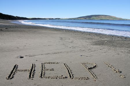 Help message on a beach in New Zealandの写真素材