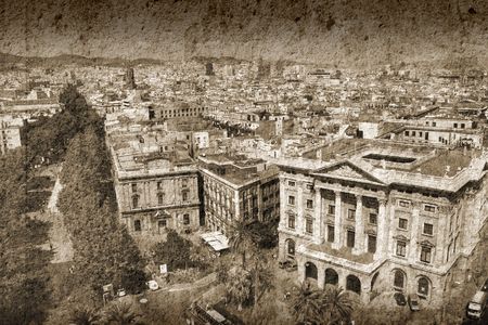 Barcelona cityscape. Aerial view seen from the Columbus Column. Famous Ramblas on the left, Gobierno Militar building on the right.の写真素材