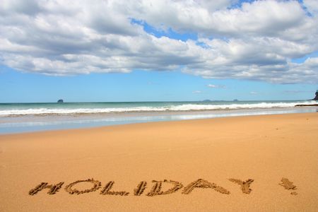 Hot Water Beach in Coromandel peninsula. New Zealand - North Island. Holiday - stick written text.の写真素材