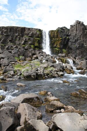 Iceland, Thingvellir National Park. Oxararfoss waterfall on river Oxara.の写真素材