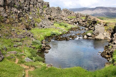 Iceland summer landscape. Lake in Thingvellir National Park - famous Icelandic area.の写真素材