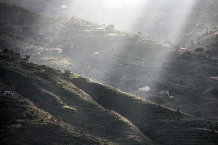 Montains in Sicily island, Italy. Beautiful sun beams - mysterious light.の写真素材