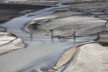 Aerial view of foot bridge over river Skeidara in Skaftafell National Park of Iceland.の写真素材