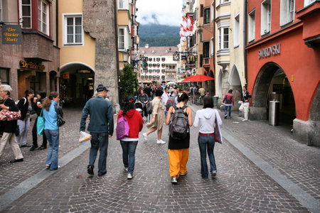 INNSBRUCK - AUGUST 9: View of the old town district on August 9, 2008 in Innsbruck, Austria. According to TourMyCountry guide, Innsbruck is the 5th most visited town in Austria.のeditorial素材