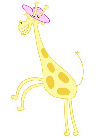 Funny happy galloping giraffe in a pink hatのイラスト素材