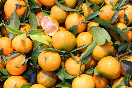 Fresh fruit at a market in Valencia. Tangerines (Mandarin oranges) with green leaves.の写真素材