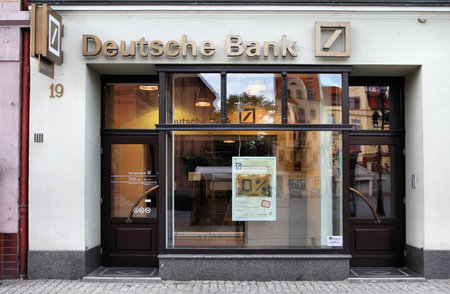 POLAND - SEPTEMBER 5: Deutsche Bank on September 5, 2010 in Torun, Poland. DB is the largest German bank and 4th largest worldwide with assets of USD 2.43 trillion as of 2010.のeditorial素材