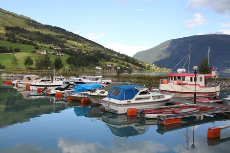 Norway, Sogn of Fjordane county. Fishing harbor, Nordfjord in Olden.