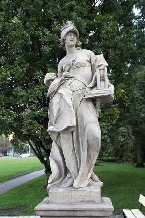 Warsaw, Poland. Sandstone sculpture in famous Saxon Garden (Ogrod Saski), allegorical depiction of History. Made by anonymous author before 1745.の写真素材