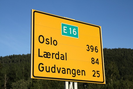 Norway - road directions sign to major tourism destinations: Oslo, Laerdal and Gudvangen.の写真素材