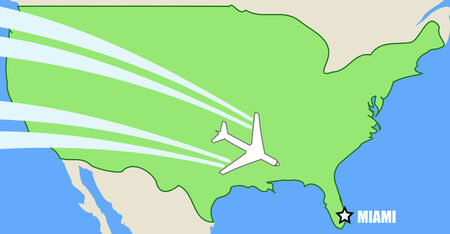 Simplified Vector map of USA with airplane inflight to destination Miami, Floridaのイラスト素材