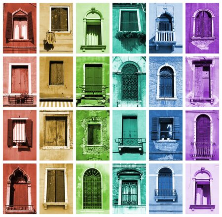 Windows of Venice, Italy. Window collection in rainbow arrangement.の写真素材