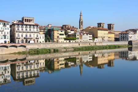 Florence, Italy with river Arno reflection - old town viewの写真素材