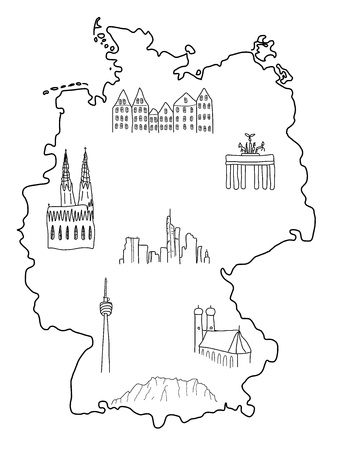 Germany - doodle map with famous places: Berlin, Hamburg, Cologne, Frankfurt, Stuttgart, Munich and Alpsのイラスト素材