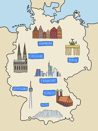 Germany - famous places: Berlin, Hamburg, Cologne, Frankfurt, Stuttgart, Munich and Alps. Color version of doodle map.のイラスト素材