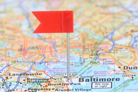 Baltimore, Maryland. Red flag pin on an old map showing travel destination.の写真素材