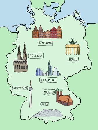 Germany - famous places on a doodle map: Berlin, Hamburg, Cologne, Frankfurt, Stuttgart, Munich and Alps. Color version.のイラスト素材