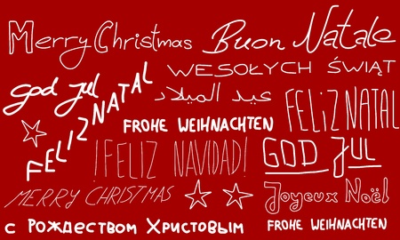Merry Christmas - holiday wishes doodle in multiple languages. Christmas background.のイラスト素材