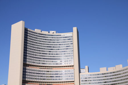VIENNA - SEPTEMBER 6: VIC building (also known as UNO City) on September 6, 2011 in Vienna. The building is 127m tall. As of 2011, it is among 10 tallest buildings in Vienna.のeditorial素材