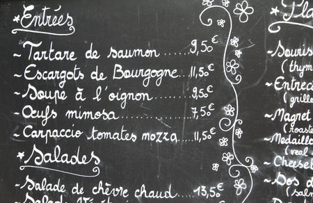 Restaurant menu in French - outdoor bar in Paris, Franceのeditorial素材