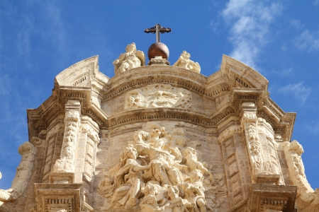 Valencia, Spain. Cathedral facade close-up. Old religious architecture.の写真素材