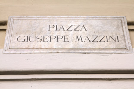 Modena, Italy - Emilia-Romagna region. Square name sign - Piazza Giuseppe Mazzini.のeditorial素材