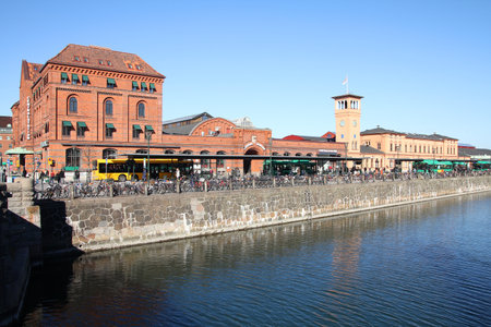 Malmo, Sweden - Central Station. Train station with bus stops and hundreds of parked bicycles.