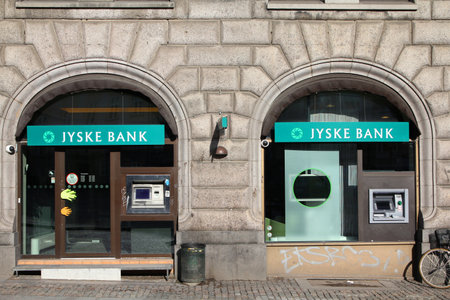 COPENHAGEN - MARCH 11: Jyske Bank branch on March 11, 2011 in Copenhagen, Denmark. Jyske Bank announced 757 million DKK of profit for 2010 (61% growth). It is 3rd largest in Denmark (market share).のeditorial素材