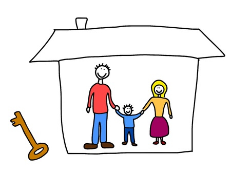 Happy family: mother, father and child. New home - moving in concept. Child-like illustration.のイラスト素材