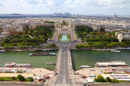 Paris, France - aerial city view with Seine River, Trocadero and La Defense in the background....