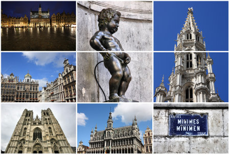 Brussels, Belgium - collage of photos perfect for a postcard. City landmarks.のeditorial素材
