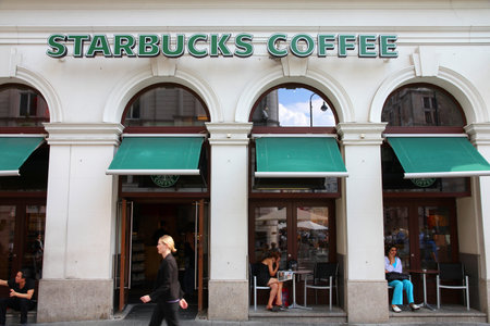 VIENNA - SEPTEMBER 5: Starbucks Coffee coffeehouse on September 5, 2011 in Vienna. Starbucks is the largest coffeehouse company in the world, with 19,435 stores in 58 countries (2012).のeditorial素材